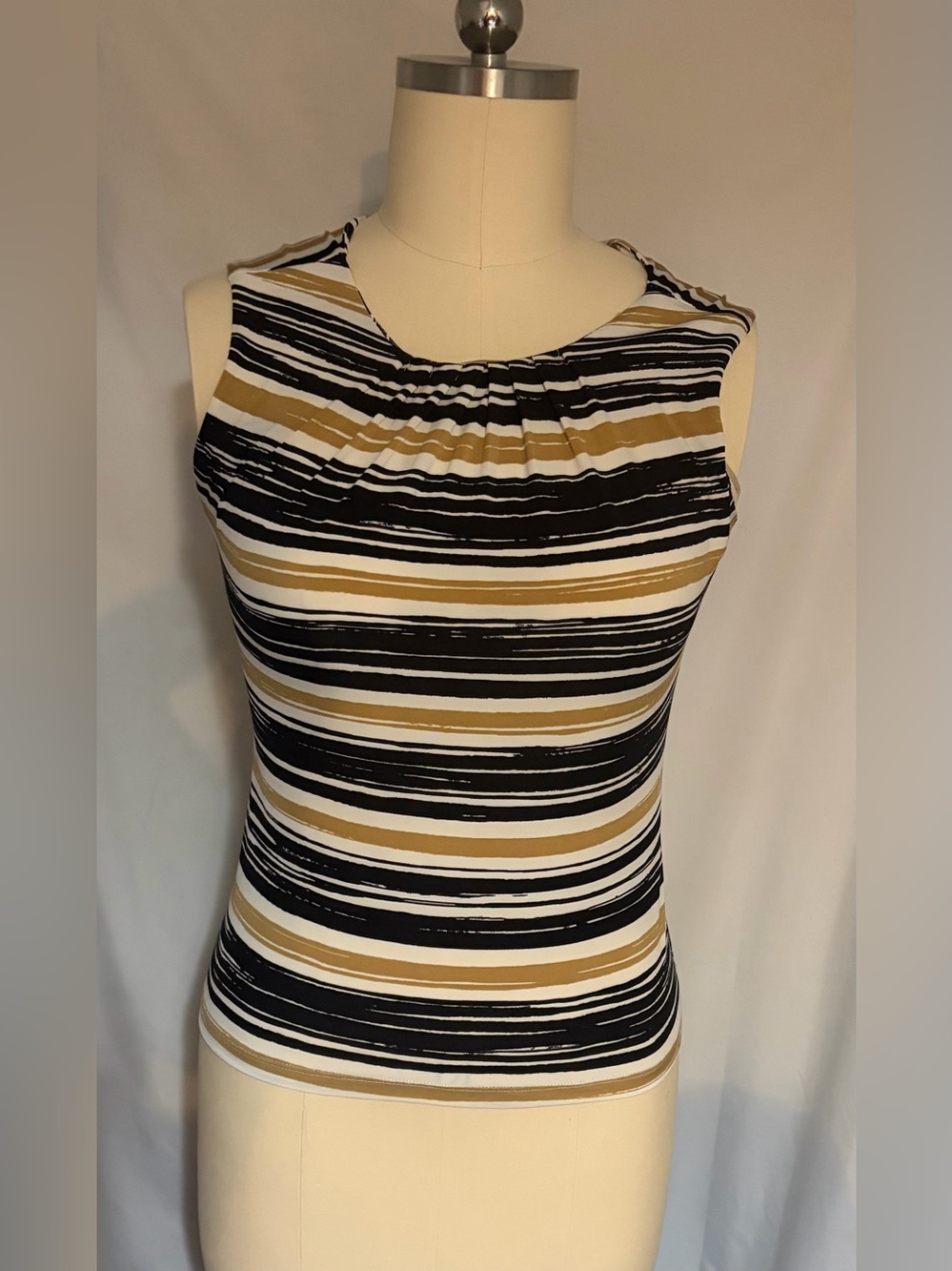 Calvin Klein Women’s Striped Tank Top Sleeveless Round Neck Black/White/Tan Sz S